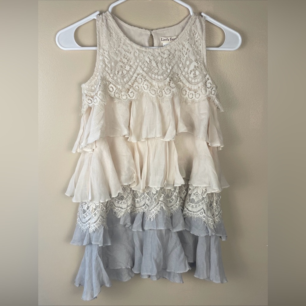 NWOT Little Sassy Girls Lace Accent Tiered Dress in Cream and Gray Size 5T-6